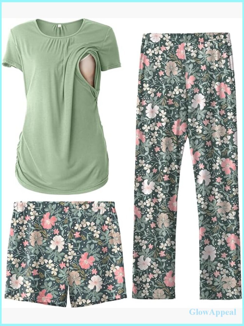 Maternity Nursing Pajama Set Medium Rayon Short Sleeve 3 Piece PJS